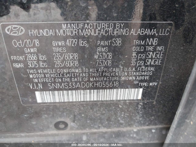 5NMS33AD0KH055618 Hyundai Santa Fe Sel Plus