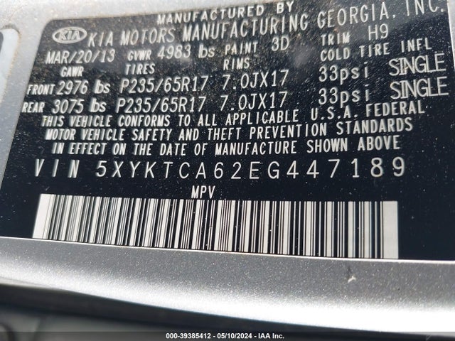 KIA SORENTO LX 2014 5XYKTCA62EG447189 Image 9
