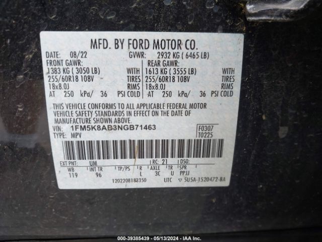 1FM5K8AB3NGB71463 Ford Police Interceptor Utility