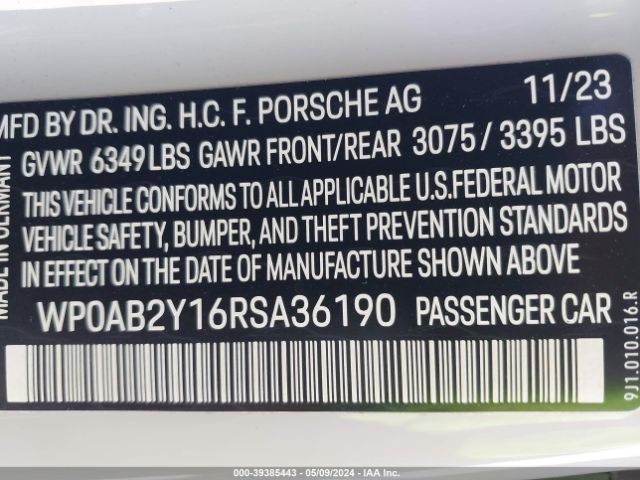 WP0AB2Y16RSA36190 Porsche TAYCAN 4S