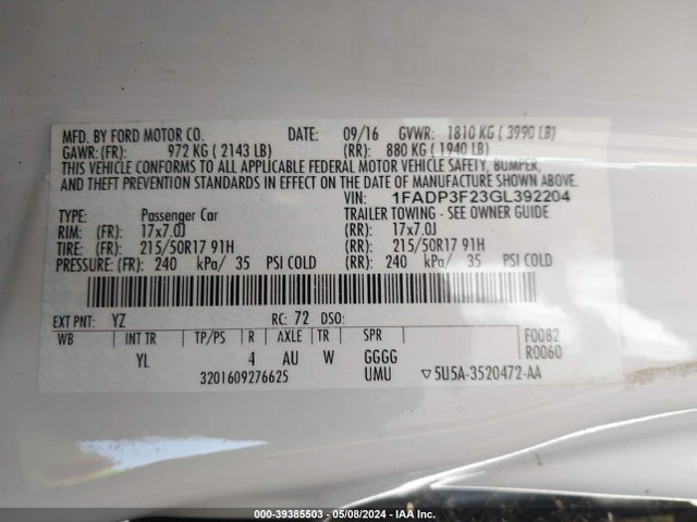 Ford FOCUS SE 2016 1FADP3F23GL392204 Image 9