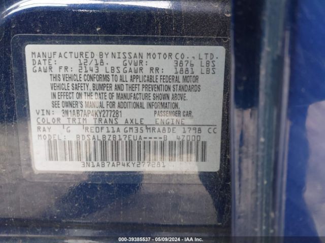 3N1AB7AP4KY277281 Nissan SENTRA S