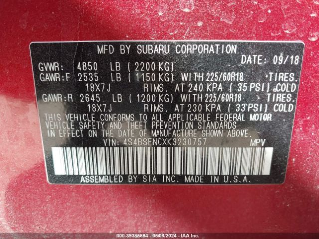 4S4BSENCXK3230757 Subaru Outback 3.6r Limited