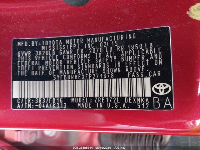 Toyota COROLLA LE 2015 5YFBURHEXFP271678 Image 9