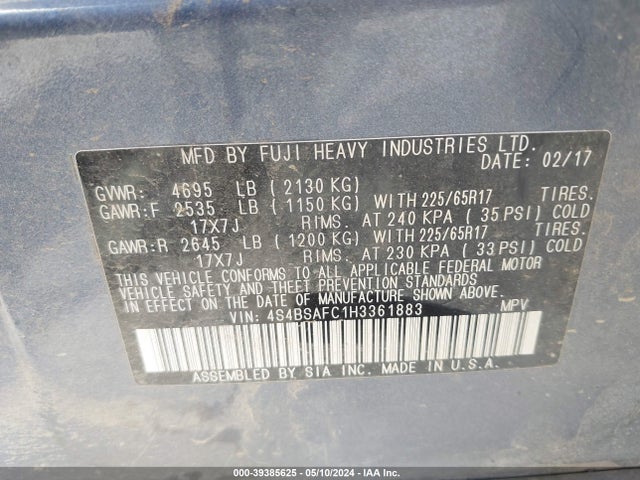 Subaru Outback 2.5i Premium 2017 4S4BSAFC1H3361883 Image 9