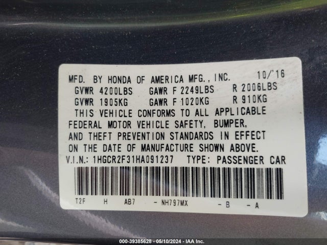 Honda ACCORD LX 2017 1HGCR2F31HA091237 Image 9