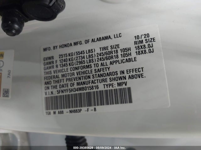 Honda Pilot 2wd Ex 2021 5FNYF5H34MB015816 Image 9
