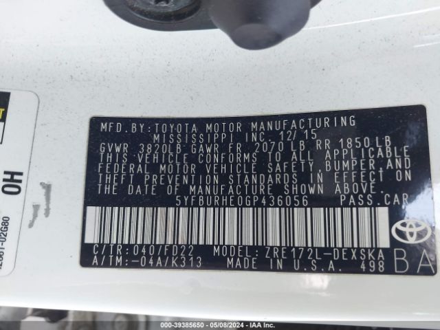 5YFBURHE0GP436056 Toyota Corolla S Plus