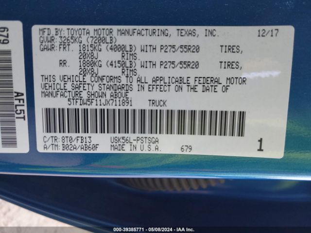 5TFDW5F11JX711891 Toyota Tundra Sr5 5.7l V8