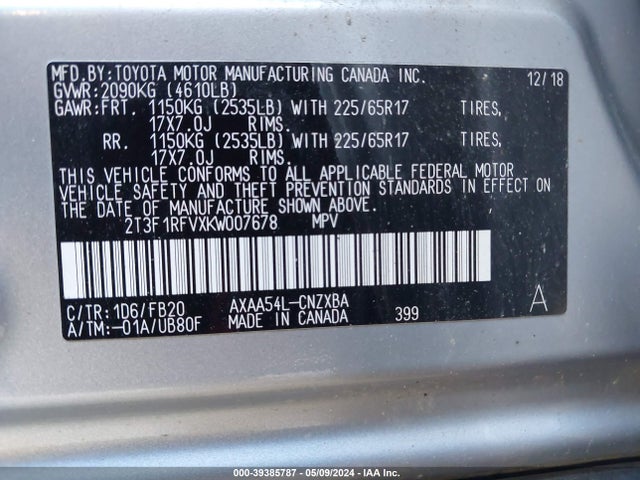 Toyota RAV4 LE 2019 2T3F1RFVXKW007678 Image 9
