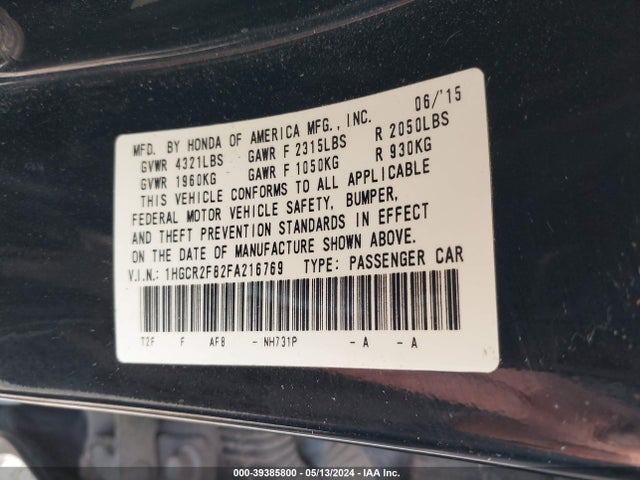Honda Accord Ex-l 2015 1HGCR2F82FA216769 Image 9