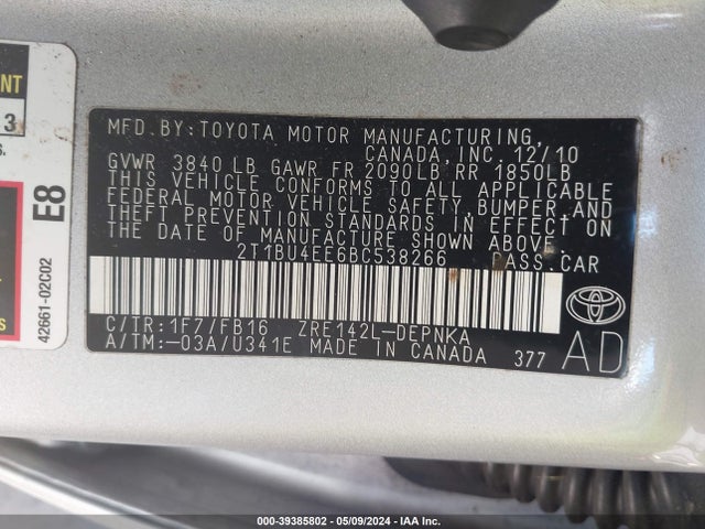 2011 Toyota Corolla Le მანქანა იყიდება აუქციონზე, vin: 2T1BU4EE6BC538266, აუქციონის ნომერი: 39385802
