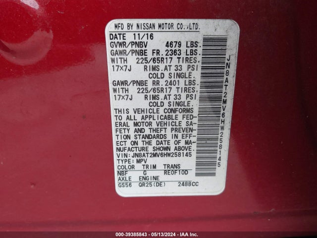 Nissan ROGUE SV 2017 JN8AT2MV6HW258145 Image 9