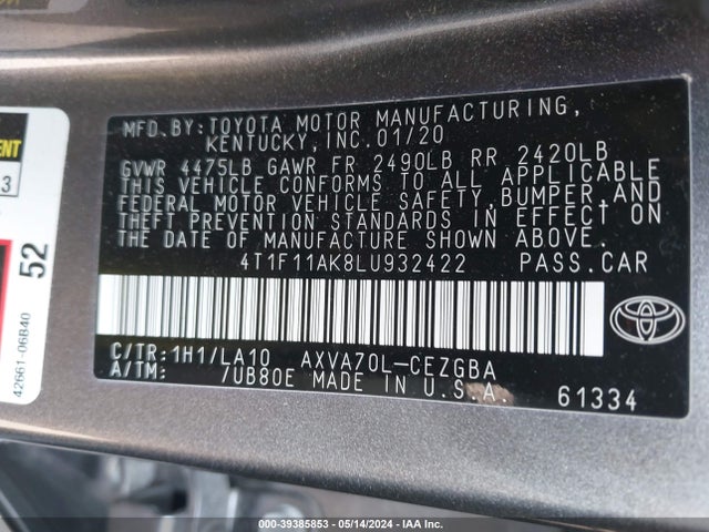Toyota CAMRY XLE 2020 4T1F11AK8LU932422 Image 9