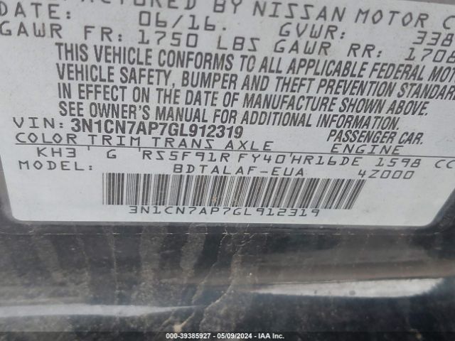 3N1CN7AP7GL912319 Nissan Versa 1.6 S