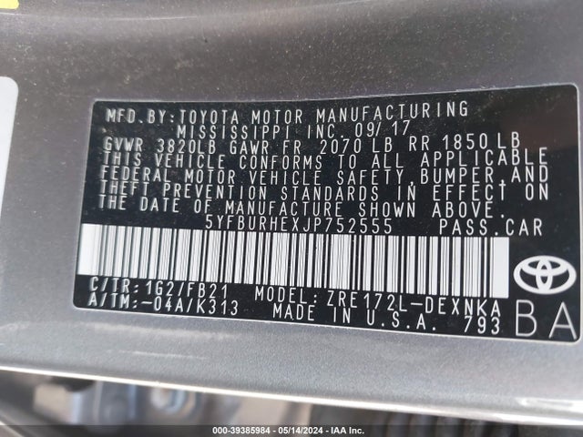 Toyota COROLLA LE 2018 5YFBURHEXJP752555 Image 9