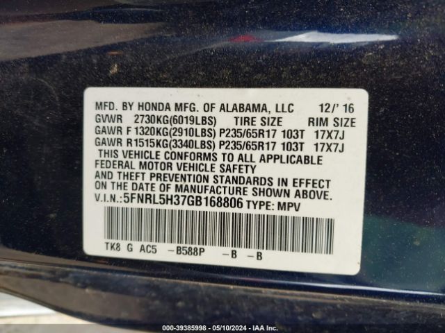 5FNRL5H37GB168806 Honda ODYSSEY SE