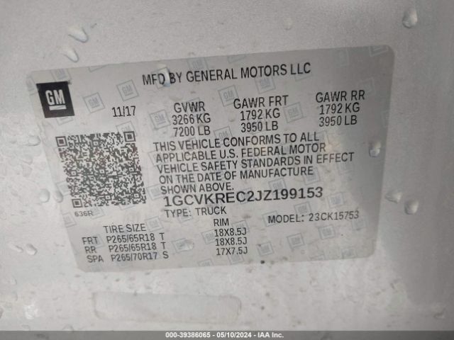 1GCVKREC2JZ199153 Chevrolet Silverado 1500 2lt