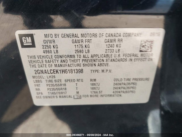 Chevrolet EQUINOX LT 2017 2GNALCEK1H6181398 Image 9