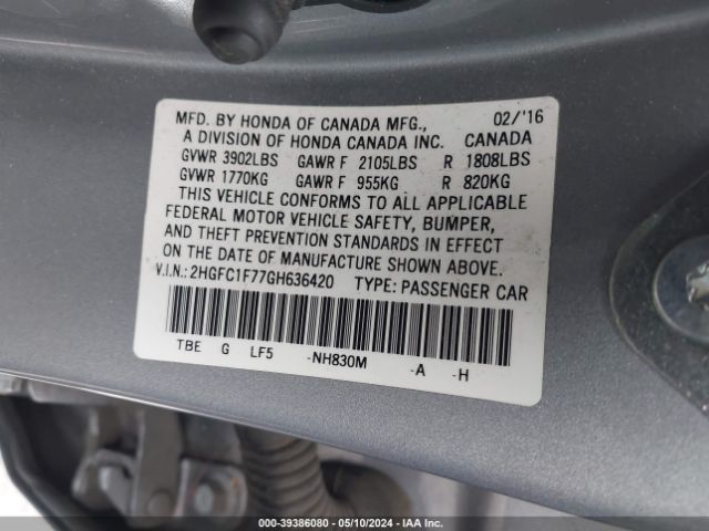 2HGFC1F77GH636420 Honda Civic Ex-l