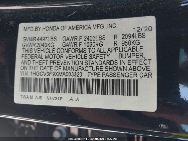 1HGCV3F9XMA003320 Honda Accord Hybrid Touring