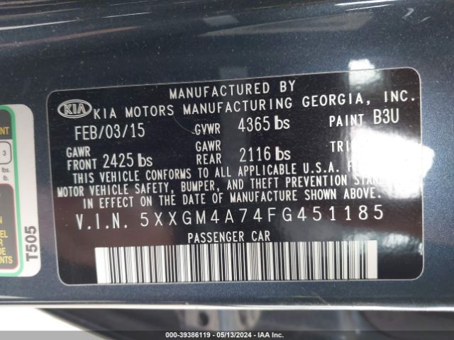 5XXGM4A74FG451185 KIA Optima Lx