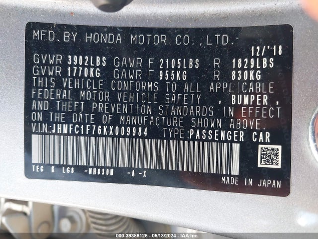 Honda Civic Ex-l 2019 JHMFC1F76KX009984 Image 9