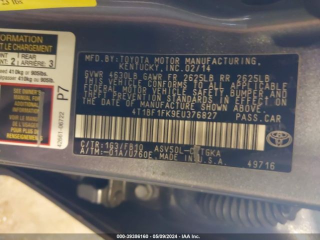 4T1BF1FK9EU376827 Toyota CAMRY XLE