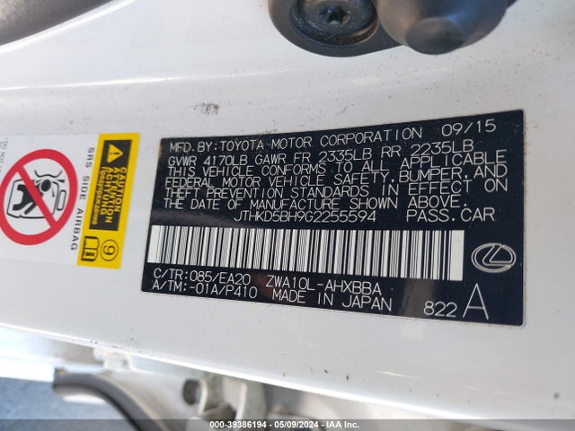 JTHKD5BH9G2255594 Lexus CT 200H