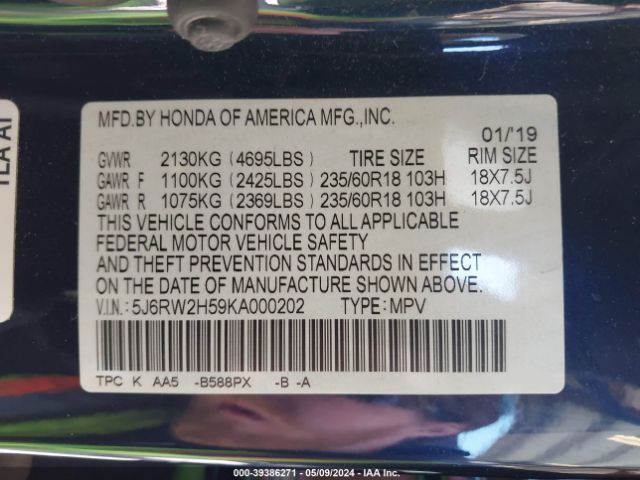 5J6RW2H59KA000202 Honda CR-V EX