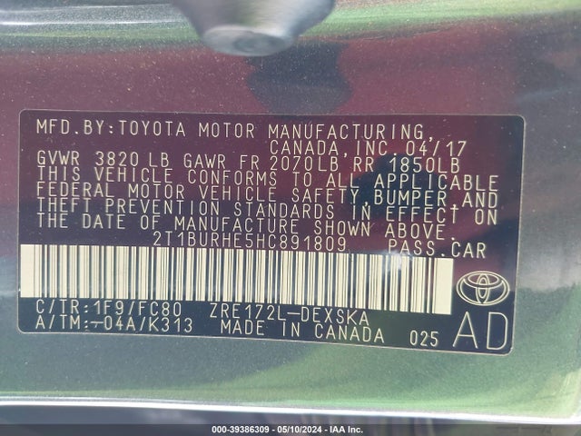 Toyota COROLLA SE 2017 2T1BURHE5HC891809 Image 9