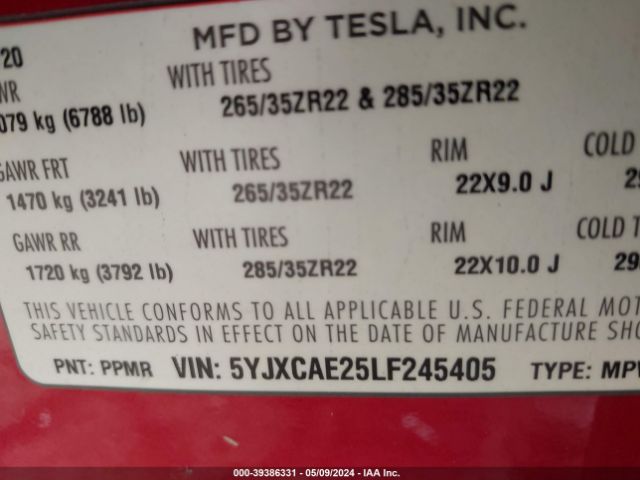 5YJXCAE25LF245405 Tesla Model X Long Range Dual Motor All-wheel Drive/long Range Plus Dual Motor All-wheel Drive