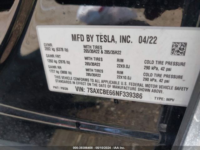 7SAXCBE66NF339386 Tesla Model X Plaid Tri Motor All-wheel Drive