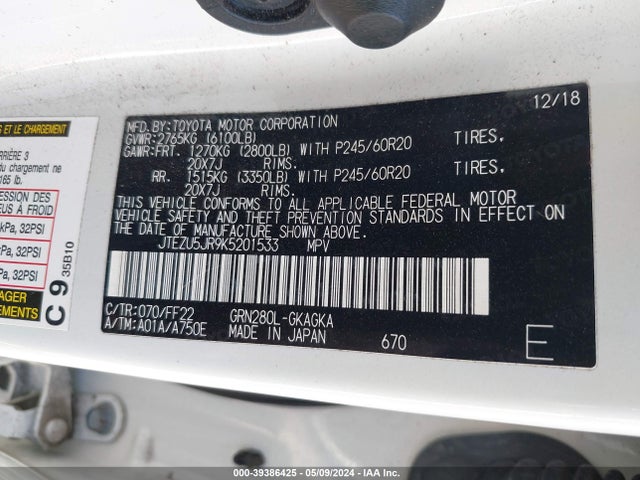 Toyota 4RUNNER SR5 2019 JTEZU5JR9K5201533 Image 9