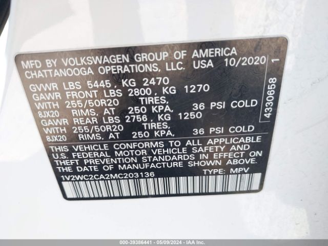 1V2WC2CA2MC203136 Volkswagen Atlas Cross Sport 2.0t Se W/technology