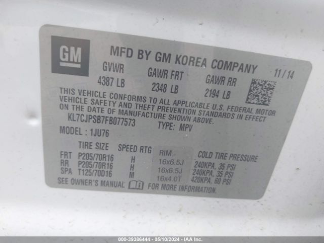KL7CJPSB7FB077573 Chevrolet Trax 1ls