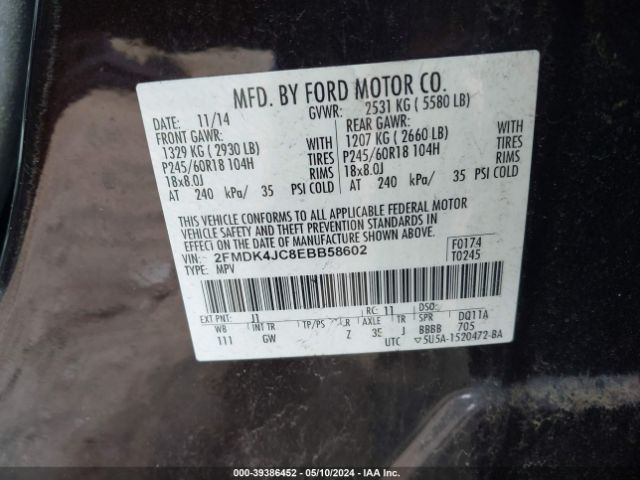 2FMDK4JC8EBB58602 Ford EDGE SEL