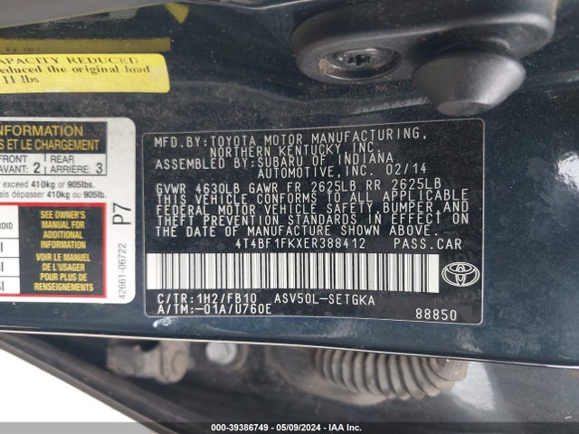 Toyota CAMRY XLE 2014 4T4BF1FKXER388412 Image 9