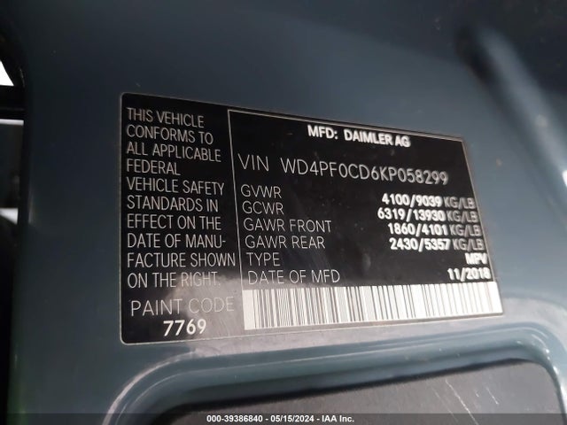 WD4PF0CD6KP058299 Mercedes-Benz Sprinter 2500 High Roof V6/standard Roof V6