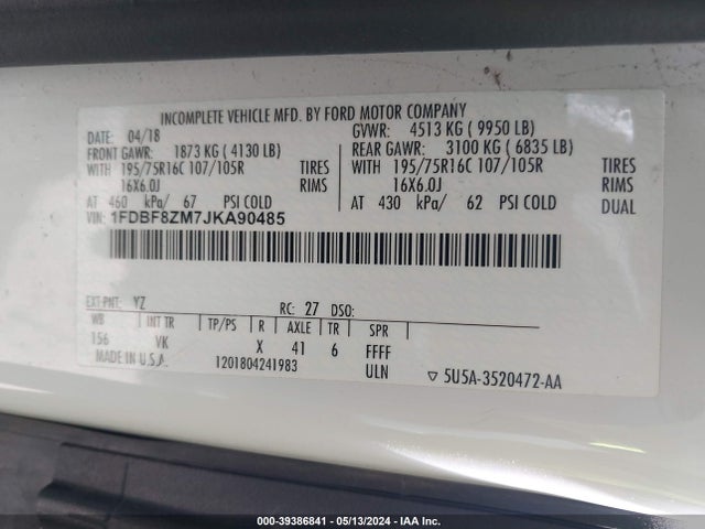 Ford Transit-350 Cab 2018 1FDBF8ZM7JKA90485 Image 9