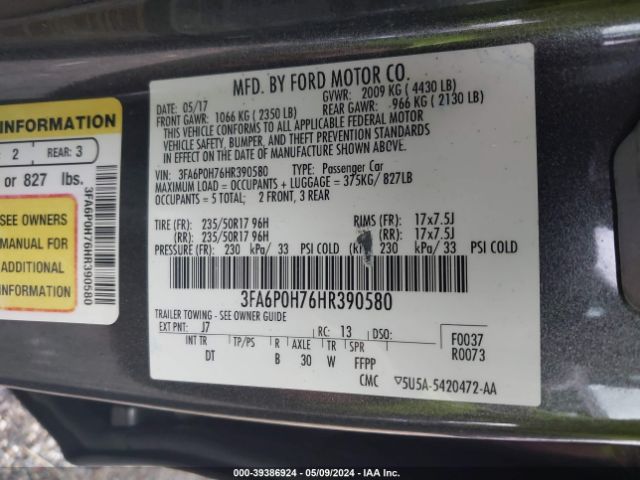 3FA6P0H76HR390580 Ford FUSION SE