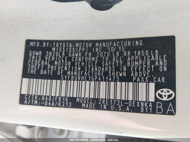 Toyota COROLLA LE 2016 5YFBURHE1GP411473 Image 9