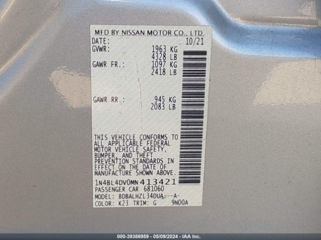 1N4BL4DV0MN413421 Nissan Altima Sv Fwd