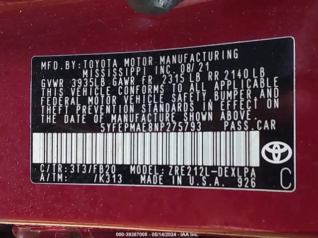 Toyota COROLLA LE 2022 5YFEPMAE8NP275793 Image 9