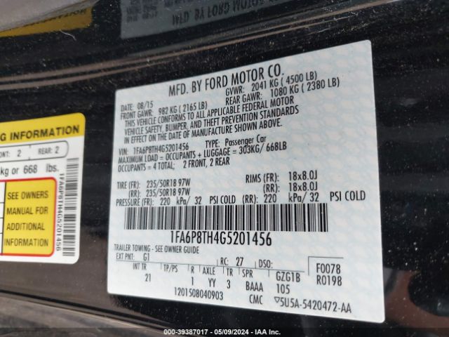 1FA6P8TH4G5201456 Ford Mustang Ecoboost