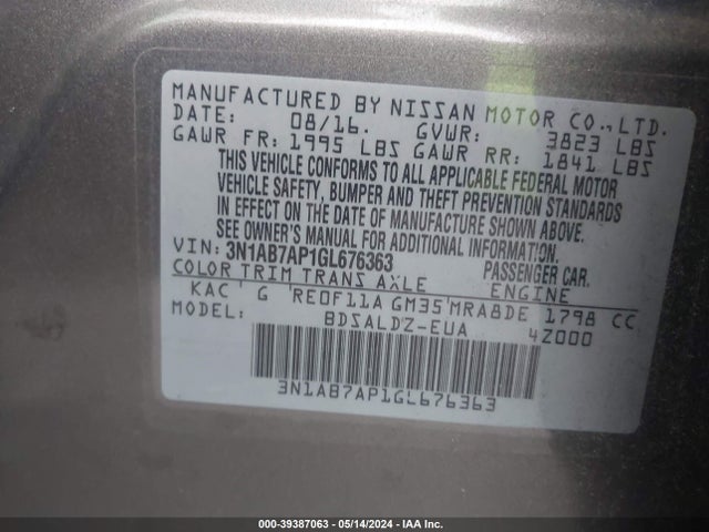 Nissan SENTRA SV 2016 3N1AB7AP1GL676363 Image 9