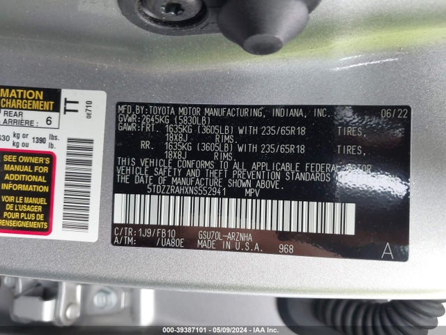 Toyota Highlander Le 2022 5TDZZRAHXNS552941 Image 9