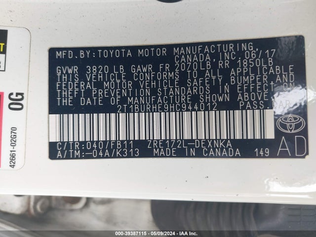 Toyota COROLLA LE 2017 2T1BURHE9HC944012 Image 9