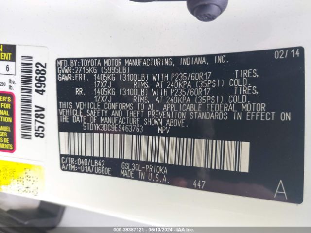 5TDYK3DC9ES463763 Toyota Sienna Xle V6 8 Passenger