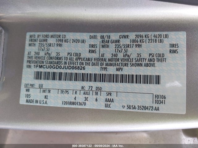 Ford ESCAPE SE 2018 1FMCU0GD0JUD06826 Image 9